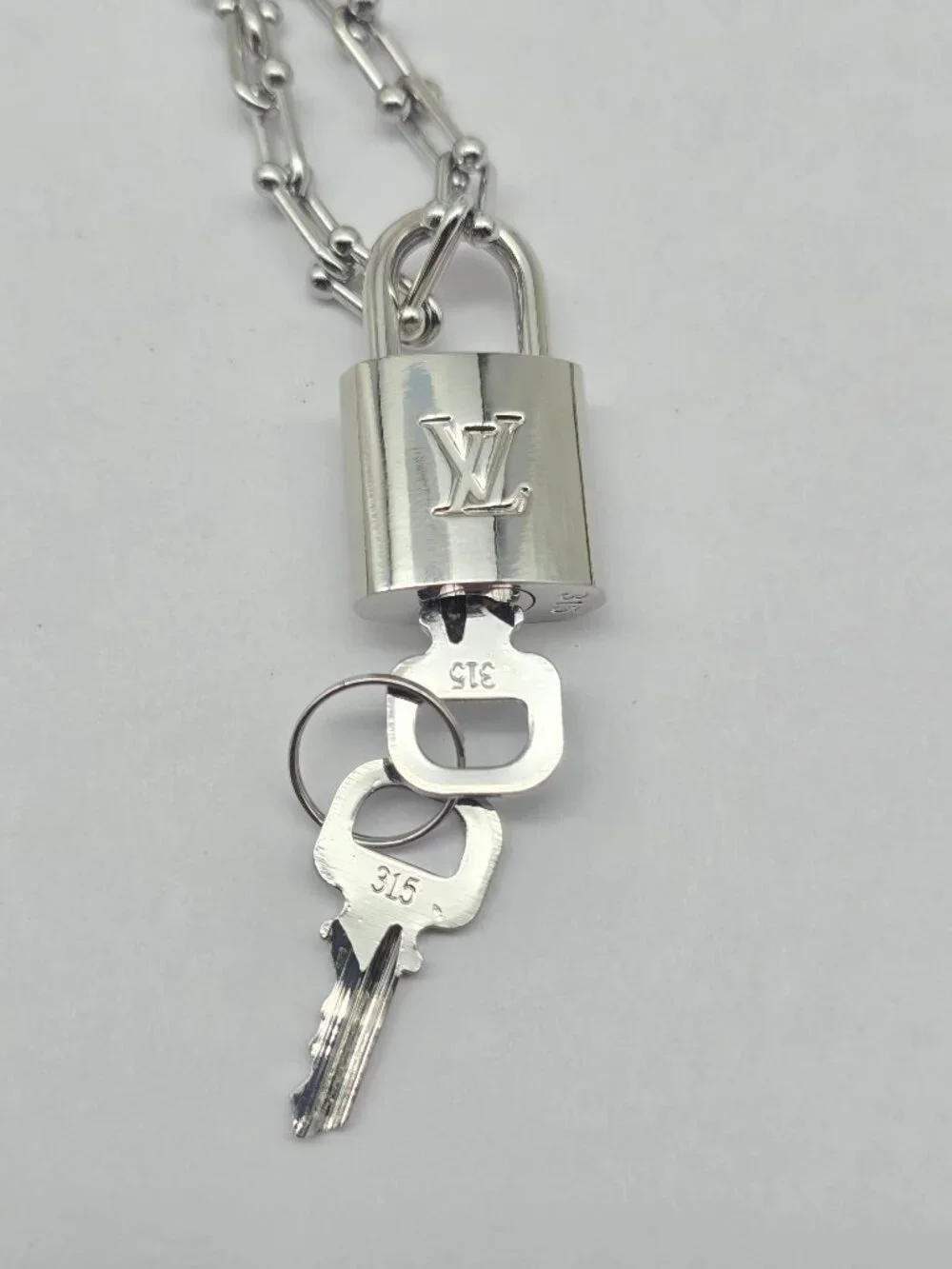 Stainless Steel Horse Shoe Chain with Authentic Louis Vuitton Silver Padlock